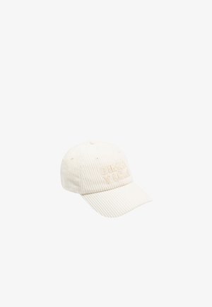 Cremefarbene Cord-Cap mit einem gestickten Logo auf der Vorderseite, mit einem gebogenen Schirm und einem Knopf an der Oberseite, strukturiertem Stoff und genähten Akzenten.