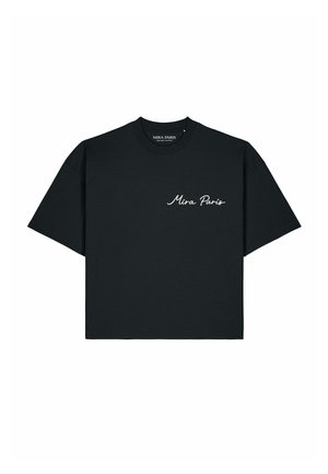 Schwarzes T-Shirt mit kurzen Ärmeln, auf der linken Brustseite mit "Mira Paris" in weißer Schrift bestickt.