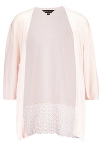 Svetle růžový kardigan s třičtvrtinovými rukávy, pletená textura a krajkový lem na spodním okraji s květinovým vzorem. Štítek uvnitř.