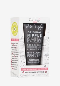 Black tube with white text, labeled "Original Nipple Balm," in a rectangular white box. Features illustrations and green eco-label. 15ml size.
