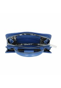 Blue leather bag with a zippered closure, featuring an interior with black patterned fabric, card slots, and a handle for easy carrying.