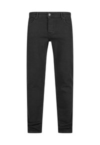 Melnais denims, augsta piegriezuma ar piecu kabatu dizainu, priekšējā pogu aizdare un minimālistiskas šuvju detaļas.