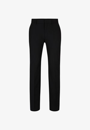 Schwarze, maßgeschneiderte Hosen mit geradem Schnitt, Gürtelschlaufen und einer glatten Stoffstruktur. Geschlossen mit einem Reißverschluss und einem Druckknopf.