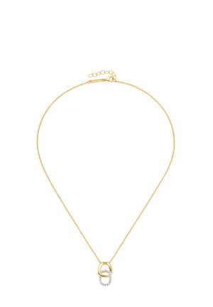 Goldkettchen mit einem ineinandergreifenden Anhänger, einer goldfarbenen und einer mit klaren Kristallen verzierten, mit einem Karabinerhaken und verstellbarer Länge.