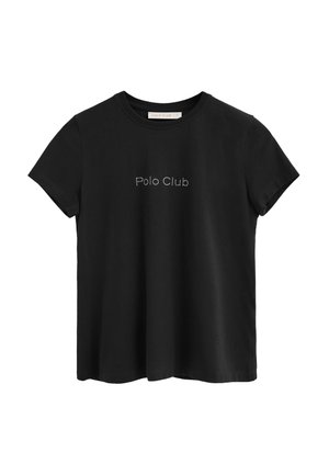 Schwarzes T-Shirt mit kurzen Ärmeln und Rundhalsausschnitt, mit dem Text "Polo Club" aus kleinen weißen Punkten, der zentral auf der Brust platziert ist.