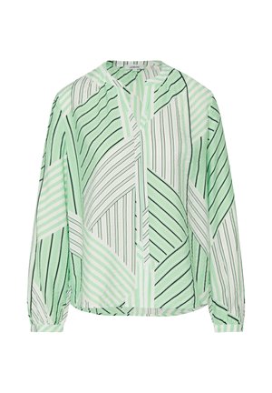 Blouse met lange mouwen in een geometrisch patroon van mintgroen, wit en zwart met strepen en een lichte V-halsopening.