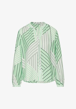 Blouse met lange mouwen in een geometrisch patroon van mintgroen, wit en zwart met strepen en een lichte V-halsopening.