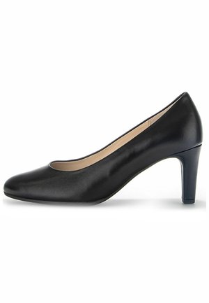 Sorte læder højhælede pumps med afrundet tå og glat tekstur. Har et strømlinet design og en moderat hæl.