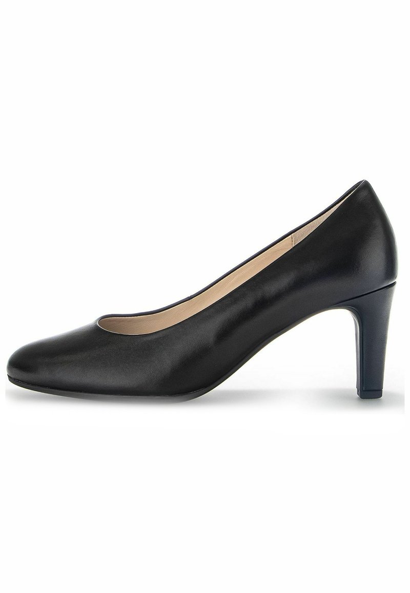 Sorte læder højhælede pumps med afrundet tå og glat tekstur. Har et strømlinet design og en moderat hæl.