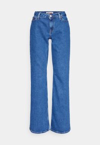 Blue denim jeans with a straight leg design, high waist, five pockets, and a small logo tag on the waistband. Double-stitched seams.