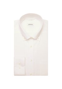 Camicia bianca con collo, taschino singolo e tessuto testurizzato. Presenta bottoni simili a perle e un'etichetta del brand sul colletto.