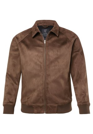 Brązowa zamszowa kurtka na zamek z prążkowanymi mankietami i dołem, klasycznym kołnierzem oraz przednim zapięciem na suwak.