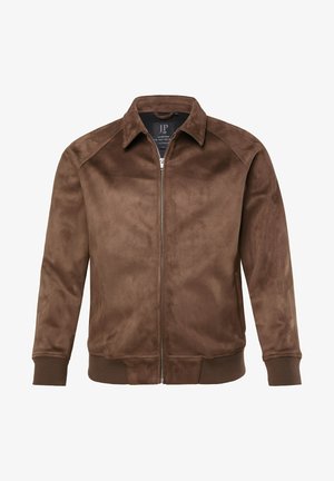 Giacca in camoscio marrone con cerniera, polsini e orlo a costine, colletto classico e chiusura frontale con cerniera.