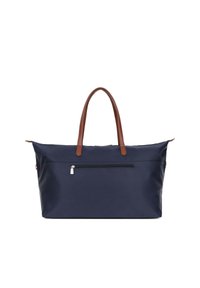 Sac en nylon bleu marine avec des poignées en cuir marron et une poche zippée à l'avant. Design plat, intérieur spacieux, élégant et pratique.