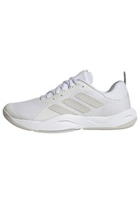 Weiße Sportschuhe mit einem Obermaterial aus Mesh, glatter Textur, drei Akzentstreifen und einer gepolsterten Sohle für Unterstützung.