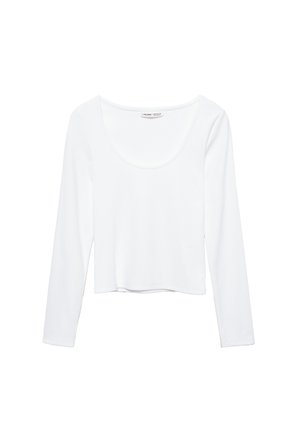 Haut blanc à manches longues en tissu doux, avec un col rond et un design court aux bords sans couture.