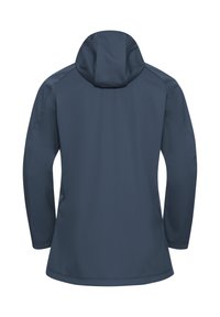 Giacca soft-shell navy con cappuccio aderente, maniche lunghe e texture liscia. Caratterizzata da un design minimalista e un orlo dritto.