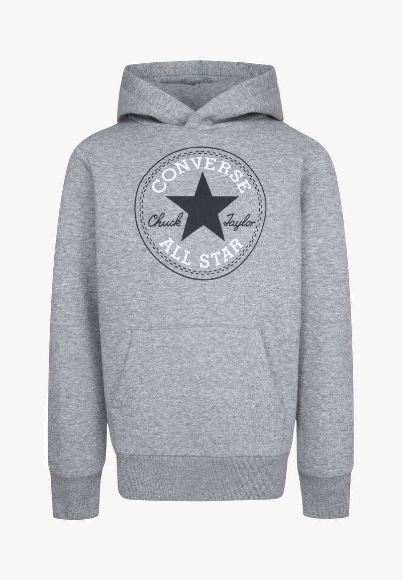 Hoodie gris avec une poche kangourou à l'avant, des manches côtelées et un logo rond avec une étoile noire et le texte "Converse Chuck Taylor All Star".