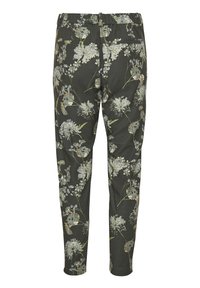 Pantalon fleuri vert foncé à coupe décontractée, présentant une variété de motifs floraux blancs et bleus, avec deux poches arrière.