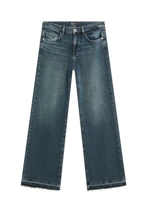 Wijd-uitlopende jeans van donkerblauw denim, met een rafelige zoom, klassiek vijf-pocket ontwerp, knoop- en ritssluiting, en subtiele vervaging.