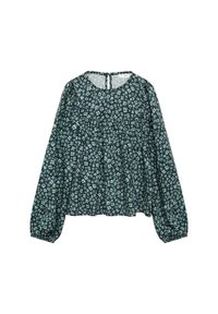 Grøn blomsterbluse med lange ærmer, samlet liv, rund halsudskæring og nøglehulslukning bagpå. Blødt stof med en let flydende tekstur.