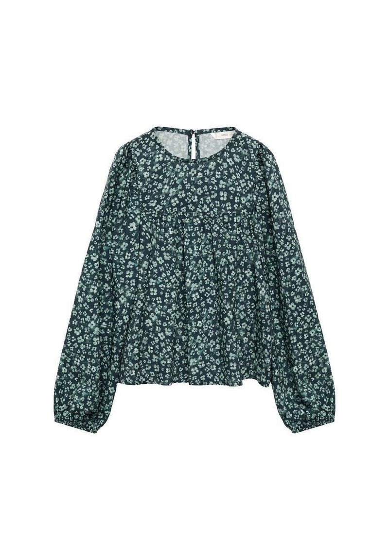 Grøn blomsterbluse med lange ærmer, samlet liv, rund halsudskæring og nøglehulslukning bagpå. Blødt stof med en let flydende tekstur.
