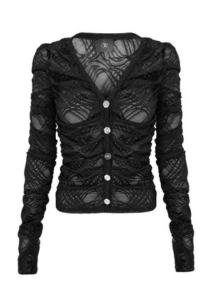 Cardigan noir à manches longues en dentelle transparente avec des détails froncés, doté d'un col en V et de six boutons argentés sur le devant.