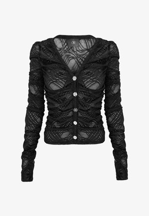Schwarze, langärmelige Strickjacke aus transparenter Spitze mit gerafften Details, V-Ausschnitt und sechs silberfarbenen Knöpfen auf der Vorderseite.