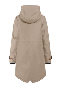 Beige waterdichte jas met capuchon, met een recht toegekende ontwerp, verstelbare manchetten en een afgeronde zoom. Gemaakt van gladde stof.