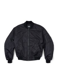 Black bomber jacket made of smooth fabric, featuring a front zipper, ribbed collar, and elastic cuffs. One zippered pocket on the sleeve.