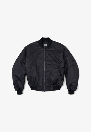 Black bomber jacket made of smooth fabric, featuring a front zipper, ribbed collar, and elastic cuffs. One zippered pocket on the sleeve.