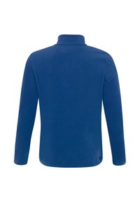 Modrý fleecový svetr s vysokým límcem, dlouhými rukávy a texturovaným povrchem. Na spodním lemu se nachází logo a má rovný střih.