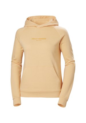 Sudadera melocotón con un bolsillo frontal, mangas raglán largas y capucha con cordón. Presenta el logo "HELly HANSEN" en un tono más claro. Tela suave y texturizada.