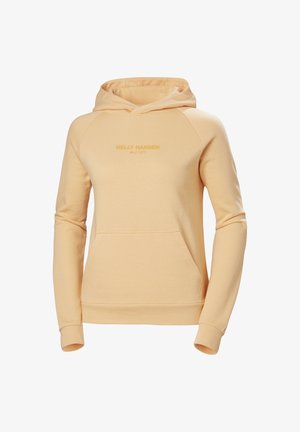 Perzikkleurige hoodie met een voorkuurzak, lange raglanmouwen en een capuchon met trekkoord. Bevat het "HELly HANSEN"-logo in een lichtere tint. Zachte, gestructureerde stof.