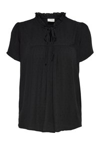 Blouse noire à manches courtes avec un col à volants, un devant plissé et un détail noué au niveau de l'encolure. Fabriquée en tissu texturé avec de petits points en relief.