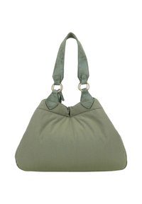 Borsa a spalla in tessuto verde con design trapuntato, forma grande e arrotondata, doppie tracolle texture diverse e dettagli in metallo argentato.