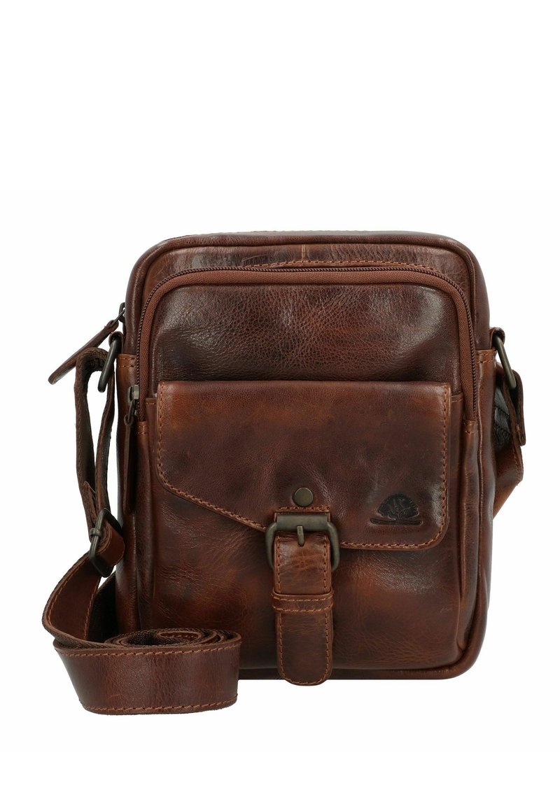 Borsa a tracolla in pelle marrone con finitura texturizzata, tracolla regolabile, tasca frontale e chiusura a fibbia. Misura circa 20x25 cm.