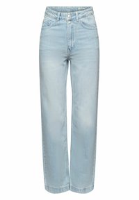 Jeans bleu clair taille haute avec jambes droites, poches avant, passants de ceinture et fermeture double boutons argentés sur fond blanc.