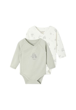 Two long-sleeve baby bodysuits, one light green with a bear on a bicycle print, one white with small bear and bicycle pattern.