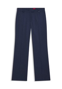Pantalon bleu marine taille haute à coupe large, avec des fines rayures blanches verticales, des poches avant, et un accent argenté discret.