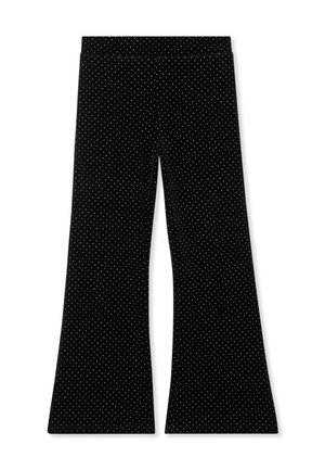 Pantaloni a gamba larga in velluto nero con piccoli pois bianchi e una vita aderente, mostrati stesi su uno sfondo bianco.