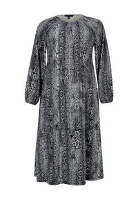Robe à manches longues en imprimé serpent noir et gris, tissu doux, encolure ronde, coupe décontractée, longueur genoux avec manches froncées.