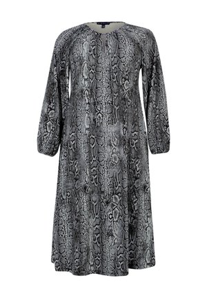 Langärmliges Kleid in Schwarz und Grau mit Schlangenprint, aus weichem Stoff, runder Ausschnitt, lockere Passform, knielang mit gesammelten Ärmeln.