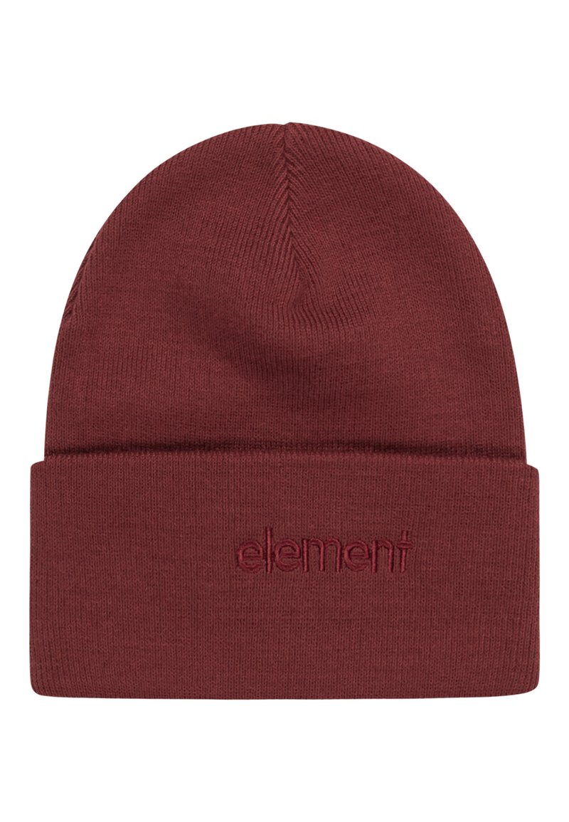 Maroon knitted beanie hat with a folded cuff and embroidered “element” logo on the front. Soft texture and form-fitting design.