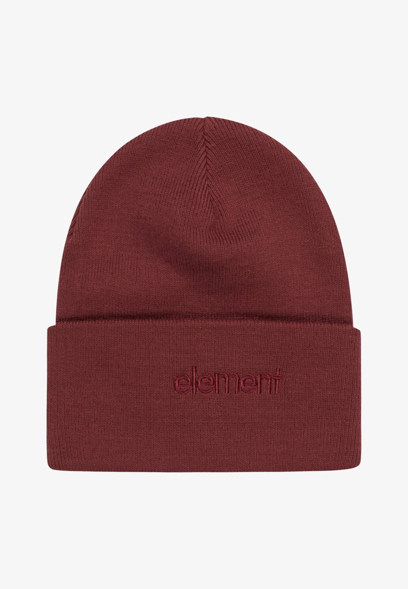 Bonnet en tricot bordeaux avec un revers et le logo "element" brodé à l'avant. Texture douce et design ajusté.
