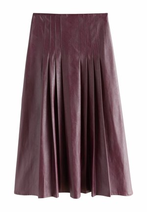 Burgundy leather skirt with pleats, knee-length design, smooth texture, and a fitted waistband. Features a draped, flowing silhouette.