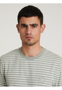 Camiseta a rayas en verde claro y blanco, con cuello redondo y un pequeño parche con logo. Fabricada en suave mezcla de algodón con un ajuste casual.
