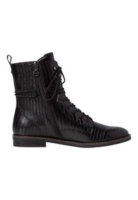 Bottine en cuir noir texturé avec fermeture éclair latérale, lacets et talon bas empilé.