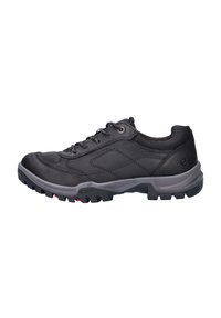 Scarpa da hiking nera con upper in pelle impermeabile, dettagli a motivo, intersuola grigia e suola in gomma nera testurizzata per aderenza.