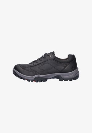 Black hiking shoe with waterproof leather upper, patterned accents, gray midsole, and textured black rubber outsole for traction.